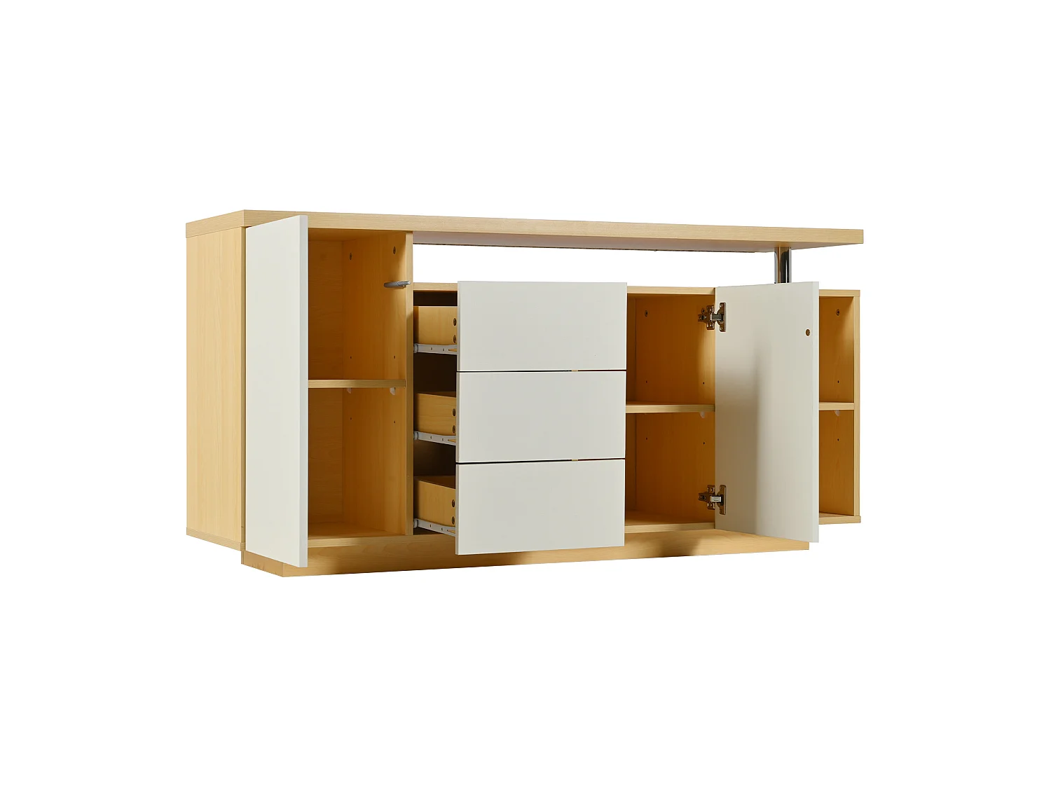 Buffet avec 2 portes, 3 tiroirs, 2 niches et LED - Blanc et bois 140x40x70 cm