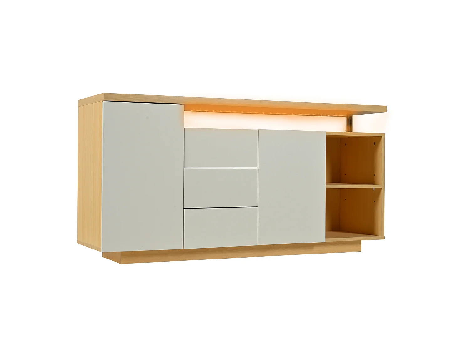 Buffet avec 2 portes, 3 tiroirs, 2 niches et LED - Blanc et bois 140x40x70 cm