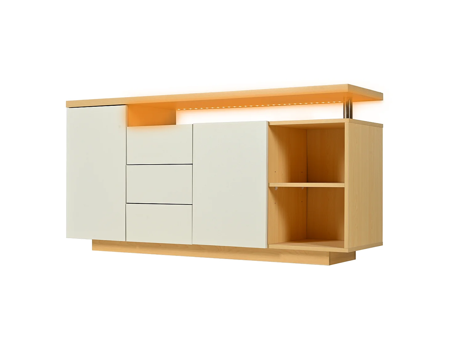 Buffet avec 2 portes, 3 tiroirs, 2 niches et LED - Blanc et bois 140x40x70 cm
