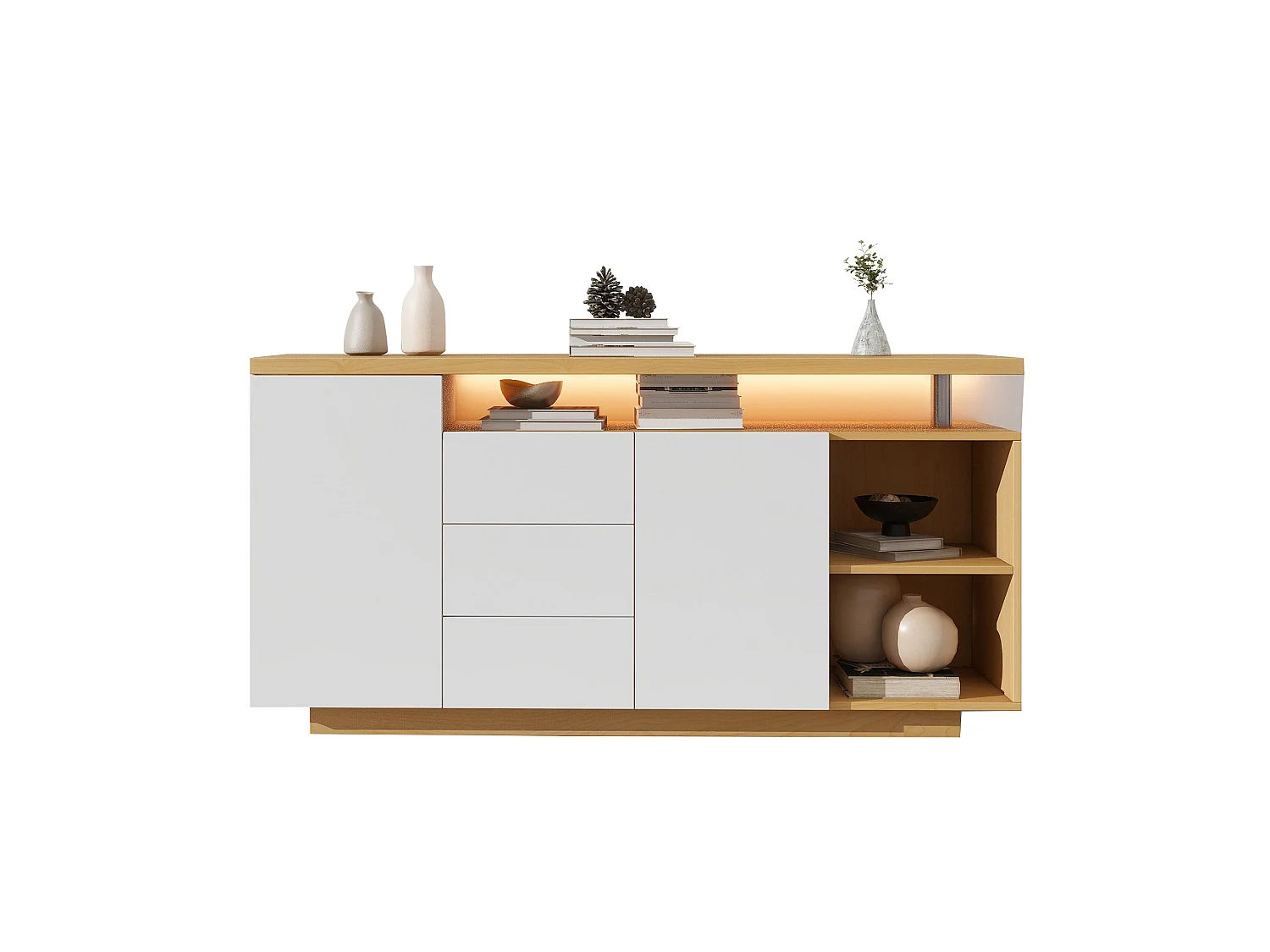 Buffet avec 2 portes, 3 tiroirs, 2 niches et LED - Blanc et bois 140x40x70 cm