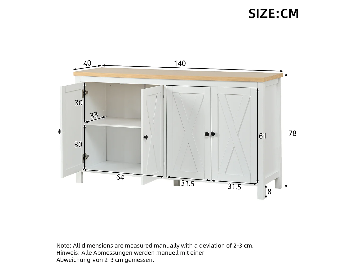 Buffet 140x40x78 cm avec 4 portes et étagères réglables - Blanc