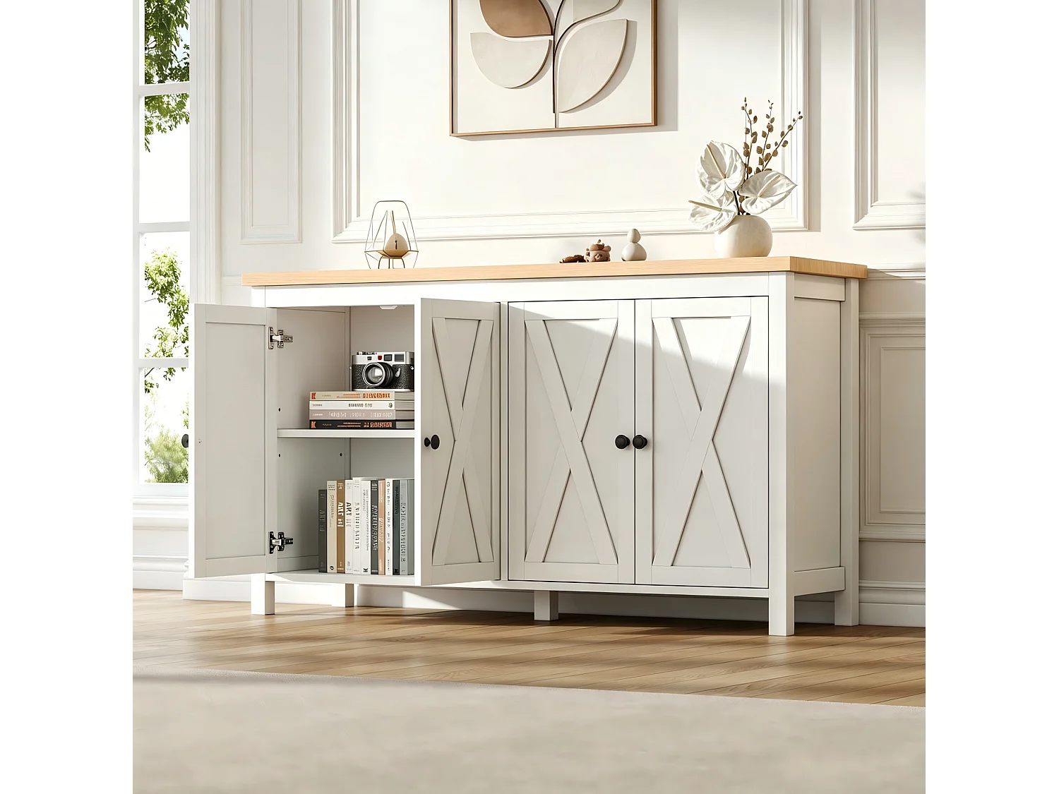 Buffet 140x40x78 cm avec 4 portes et étagères réglables - Blanc