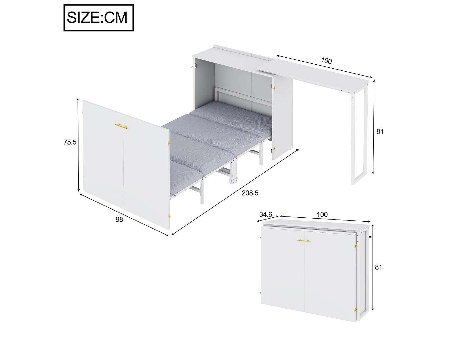 Cama de parede 90 x 200 cm com secretária giratória de 90° e colchão - Branca
