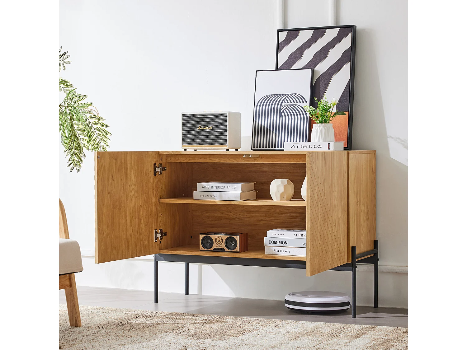 Buffet à 2 portes et pieds en métal - Design linéaire - Naturel clair et noir