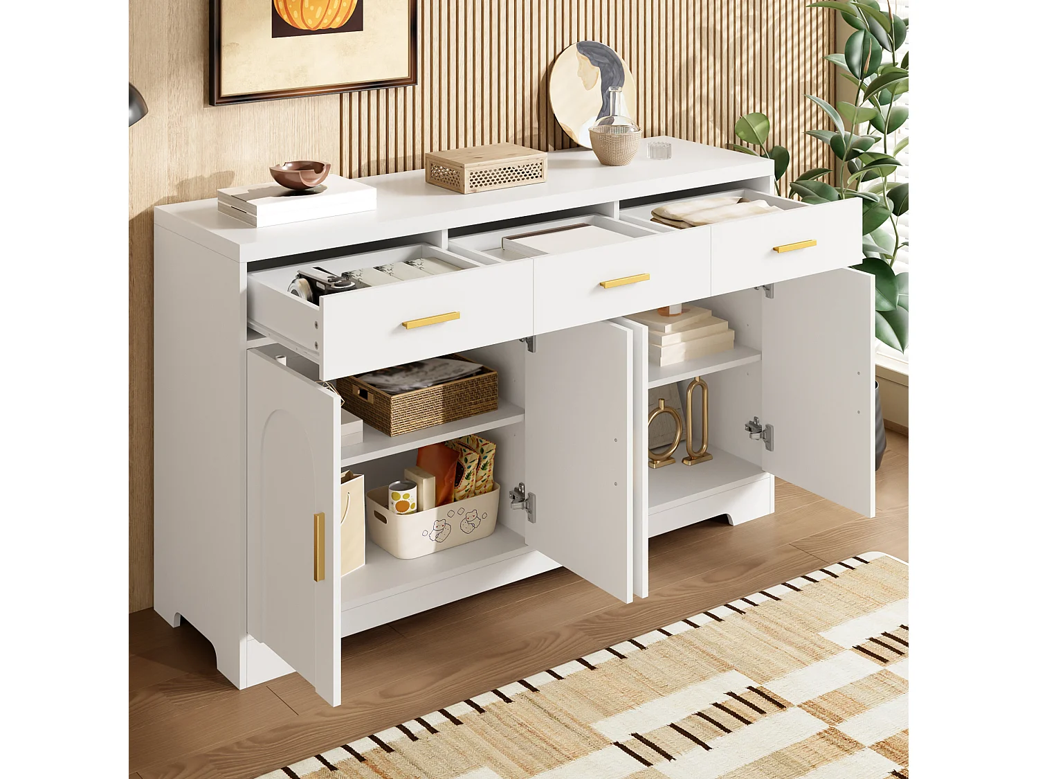 Buffet de salon avec 4 portes cintrées et 3 tiroirs - Bois en MDF blanc
