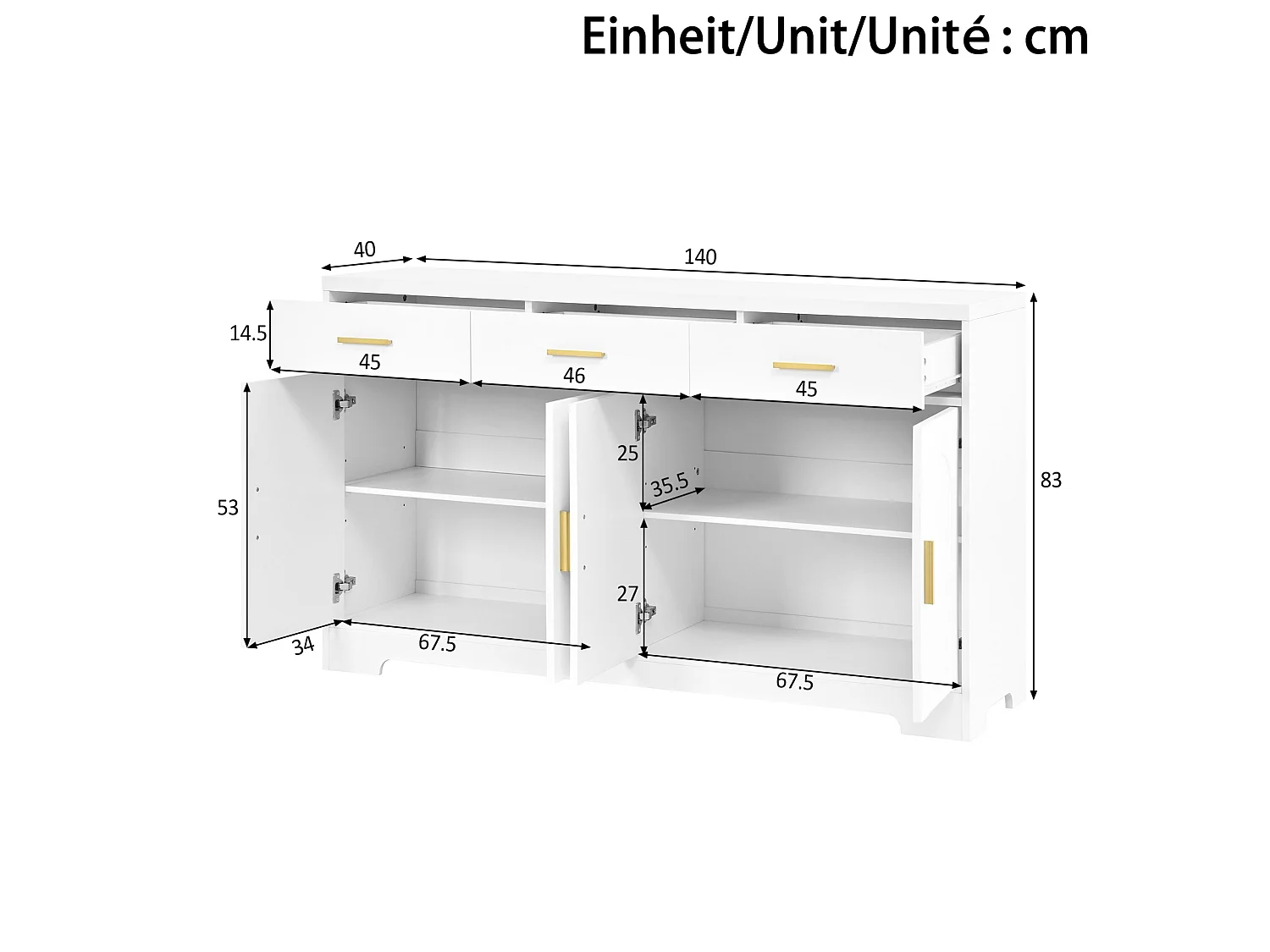 Buffet de salon avec 4 portes cintrées et 3 tiroirs - Bois en MDF blanc