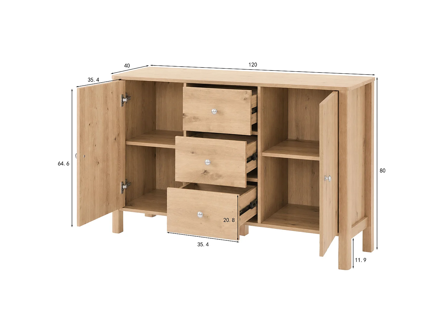 Dressoir met 3 lades en 2 deuren - Houtkleur 120 x 40 x 80 cm
