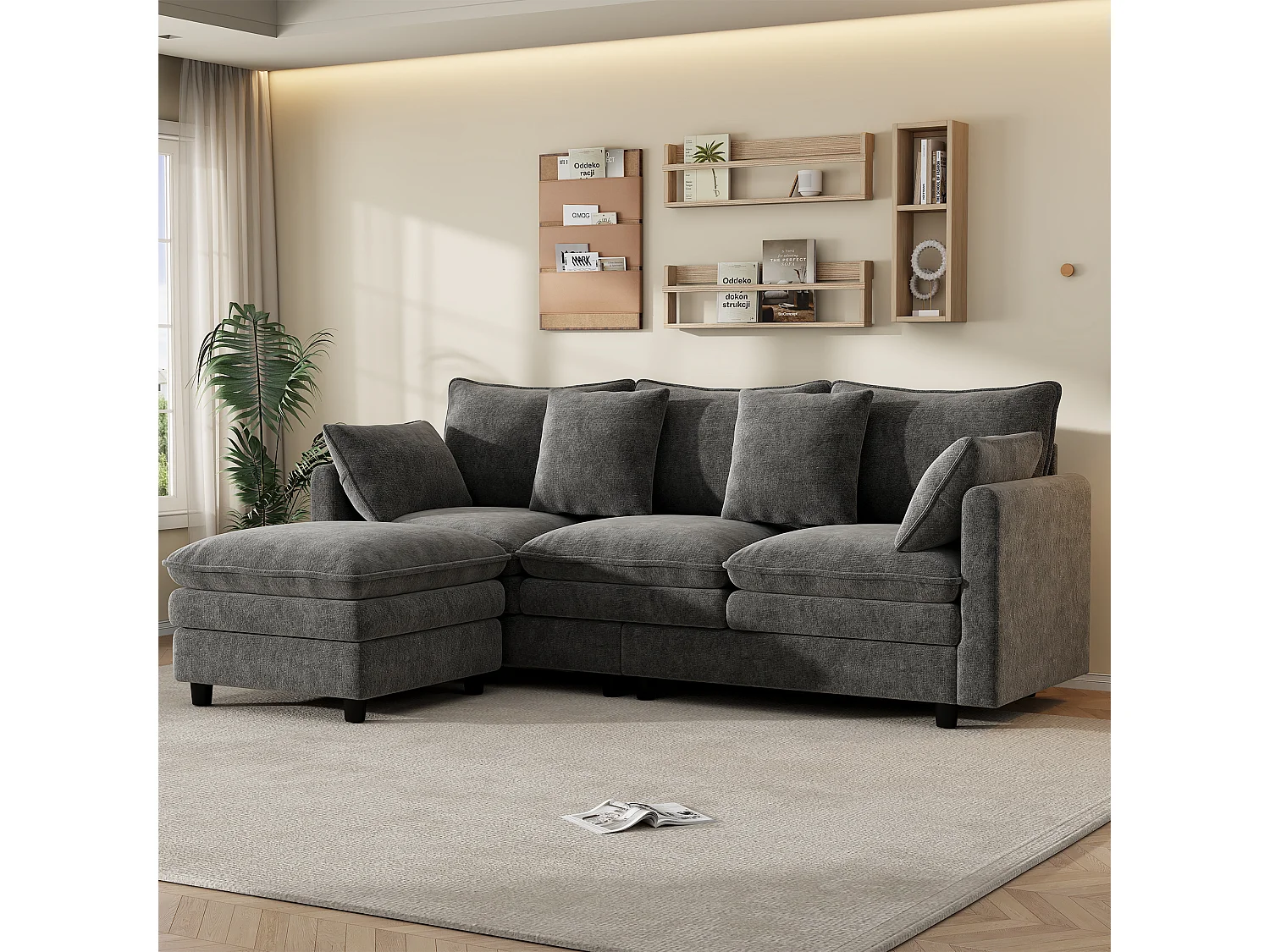 Hörnsoffa 3 Platser 212x150cm - L-Soffa Inkluderar Vändbar Schäslong, 4 Dekorationskuddar, Chenilletyg - Grå