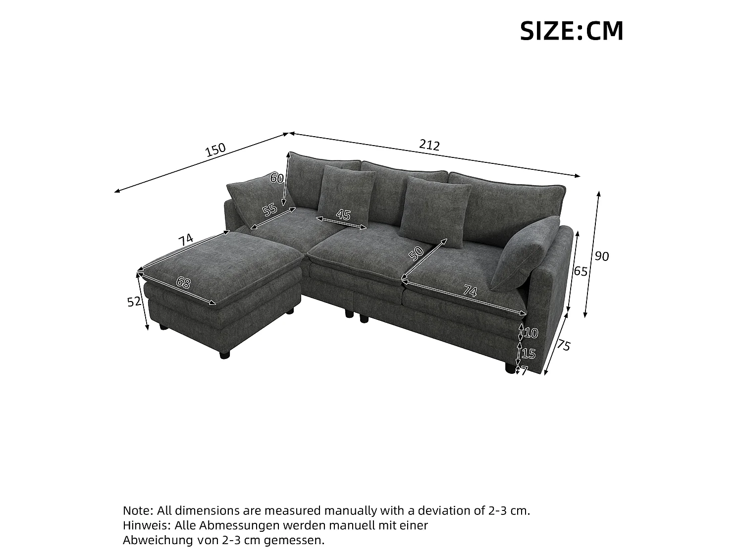 Hörnsoffa 3 Platser 212x150cm - L-Soffa Inkluderar Vändbar Schäslong, 4 Dekorationskuddar, Chenilletyg - Grå