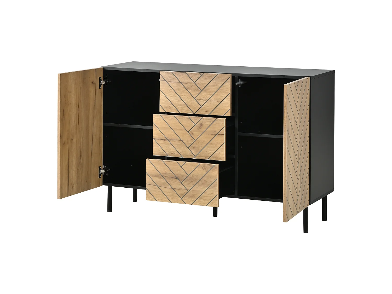 Houten dressoir 120 × 40 × 76 cm met 3 lades en 2 deuren - Hout en zwart