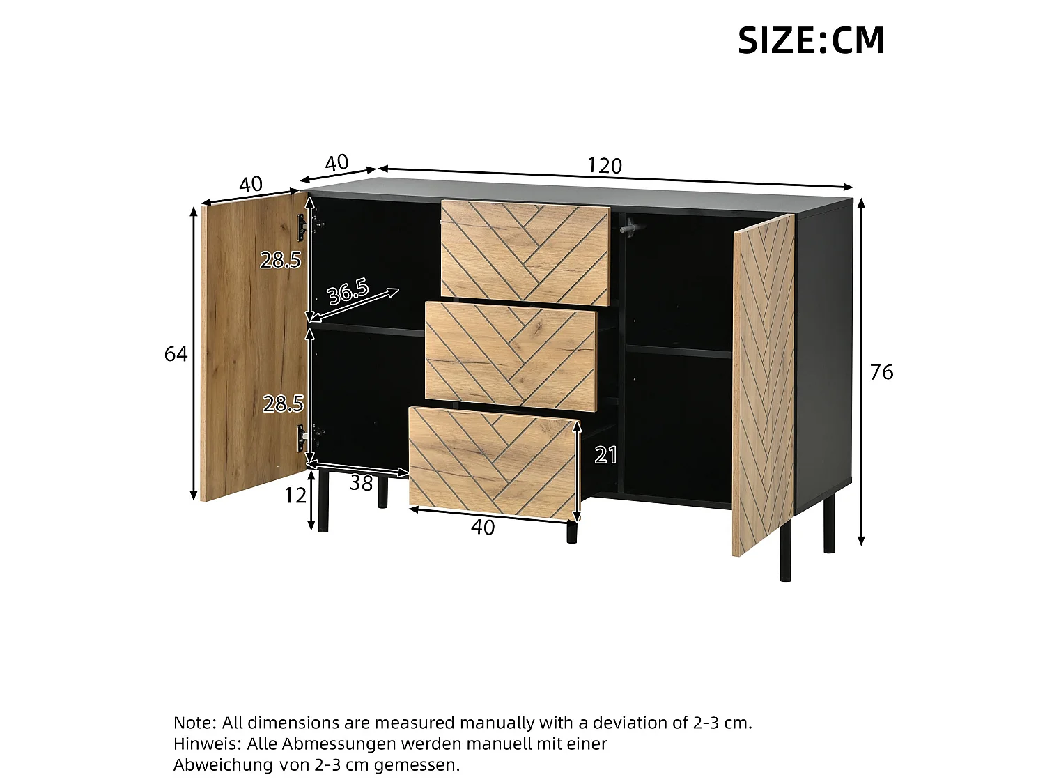 Houten dressoir 120 × 40 × 76 cm met 3 lades en 2 deuren - Hout en zwart