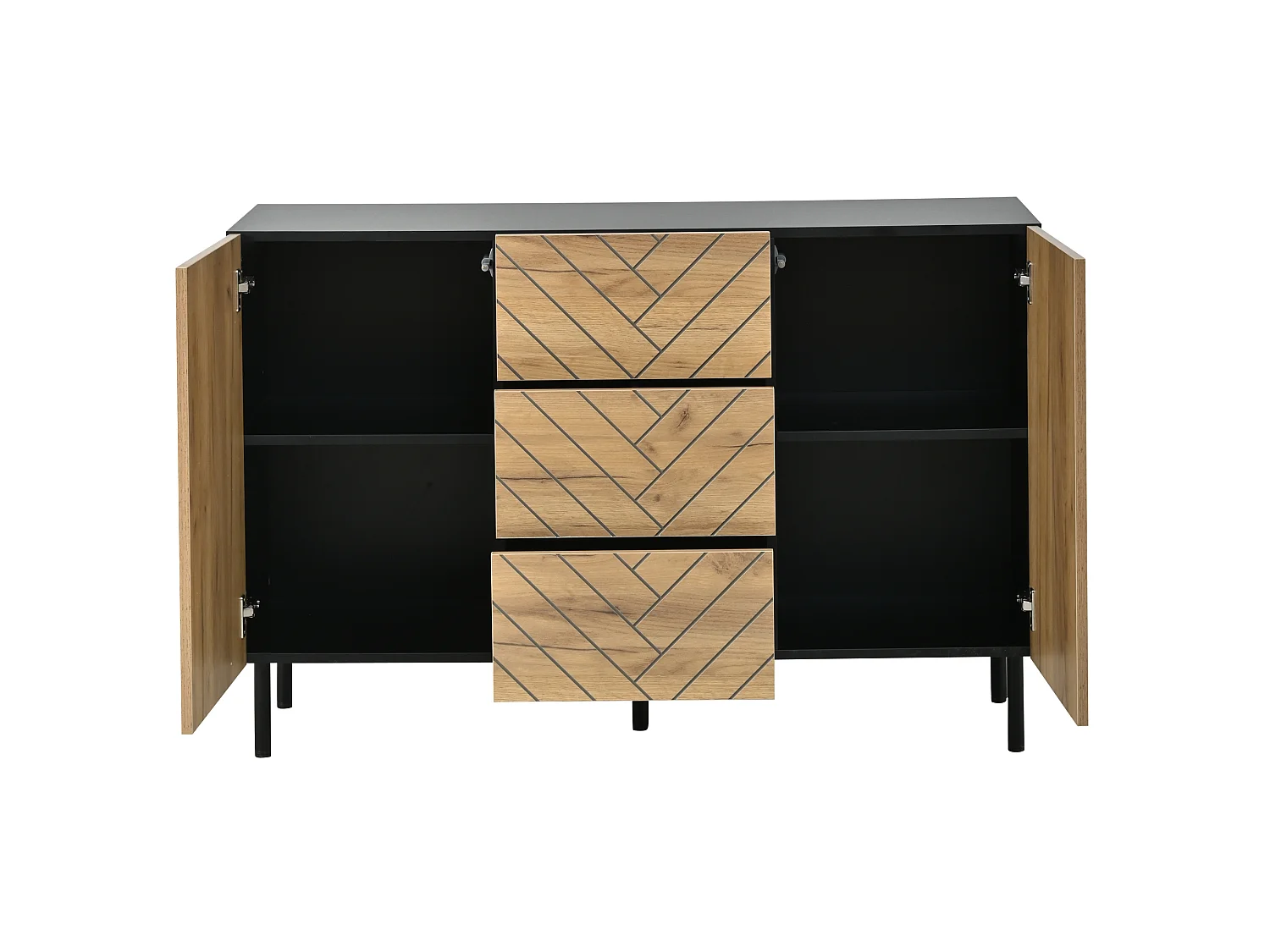 Houten dressoir 120 × 40 × 76 cm met 3 lades en 2 deuren - Hout en zwart