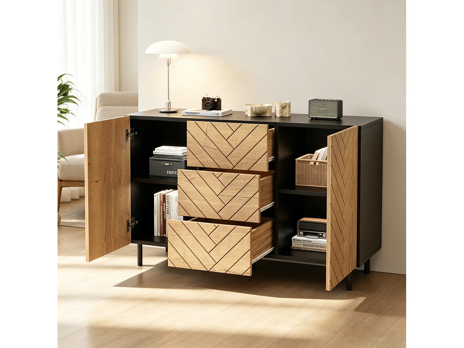 Houten dressoir 120 × 40 × 76 cm met 3 lades en 2 deuren - Hout en zwart