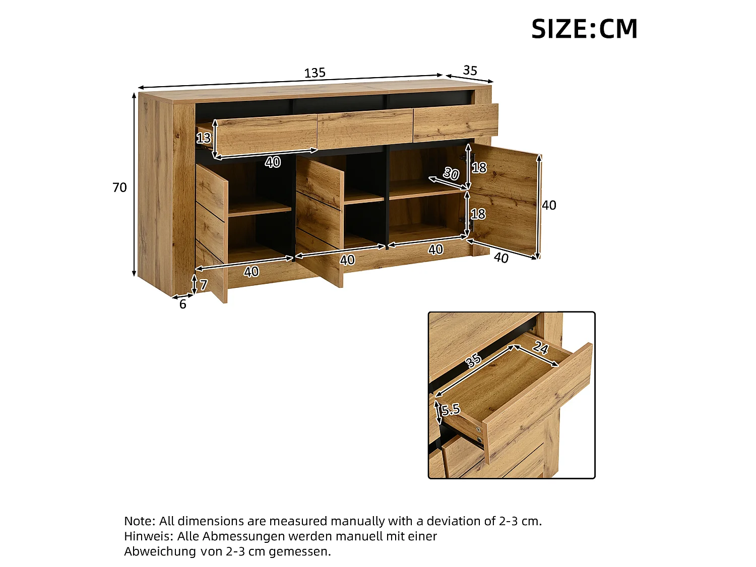 Buffet avec étagères réglables, 3 tiroirs et 3 portes - Couleur bois