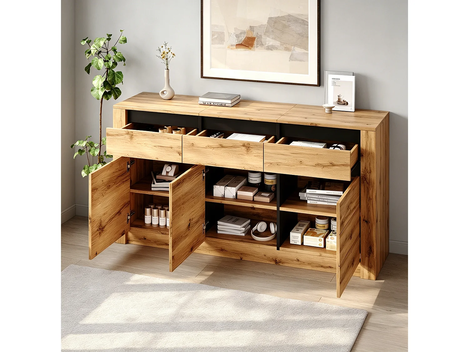Buffet avec étagères réglables, 3 tiroirs et 3 portes - Couleur bois