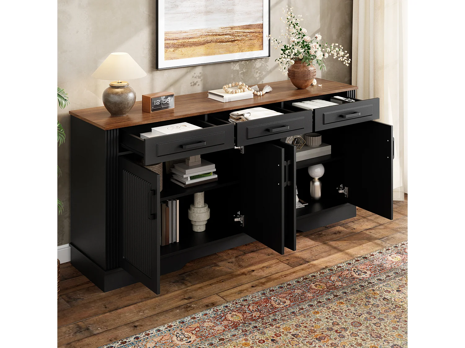 Buffetkast met 3 lades en 4 deuren met verticaal reliëf - Zwart 160x40x75 cm