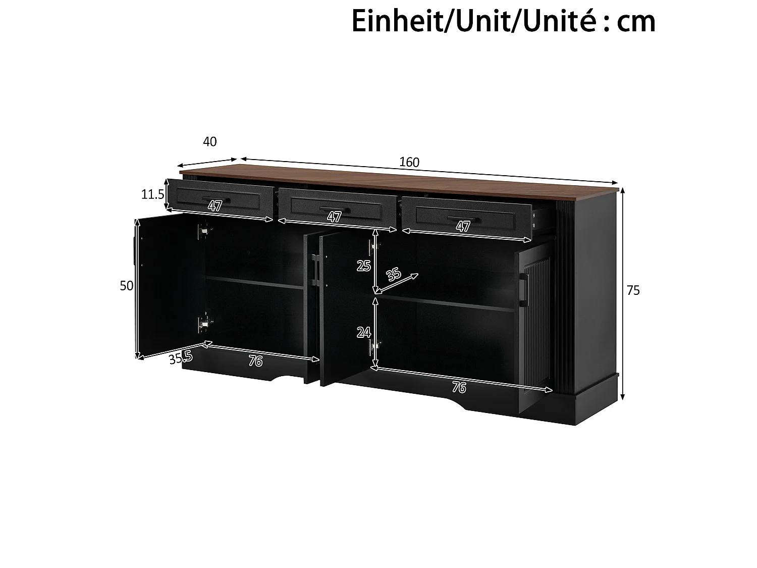 Buffetkast met 3 lades en 4 deuren met verticaal reliëf - Zwart 160x40x75 cm