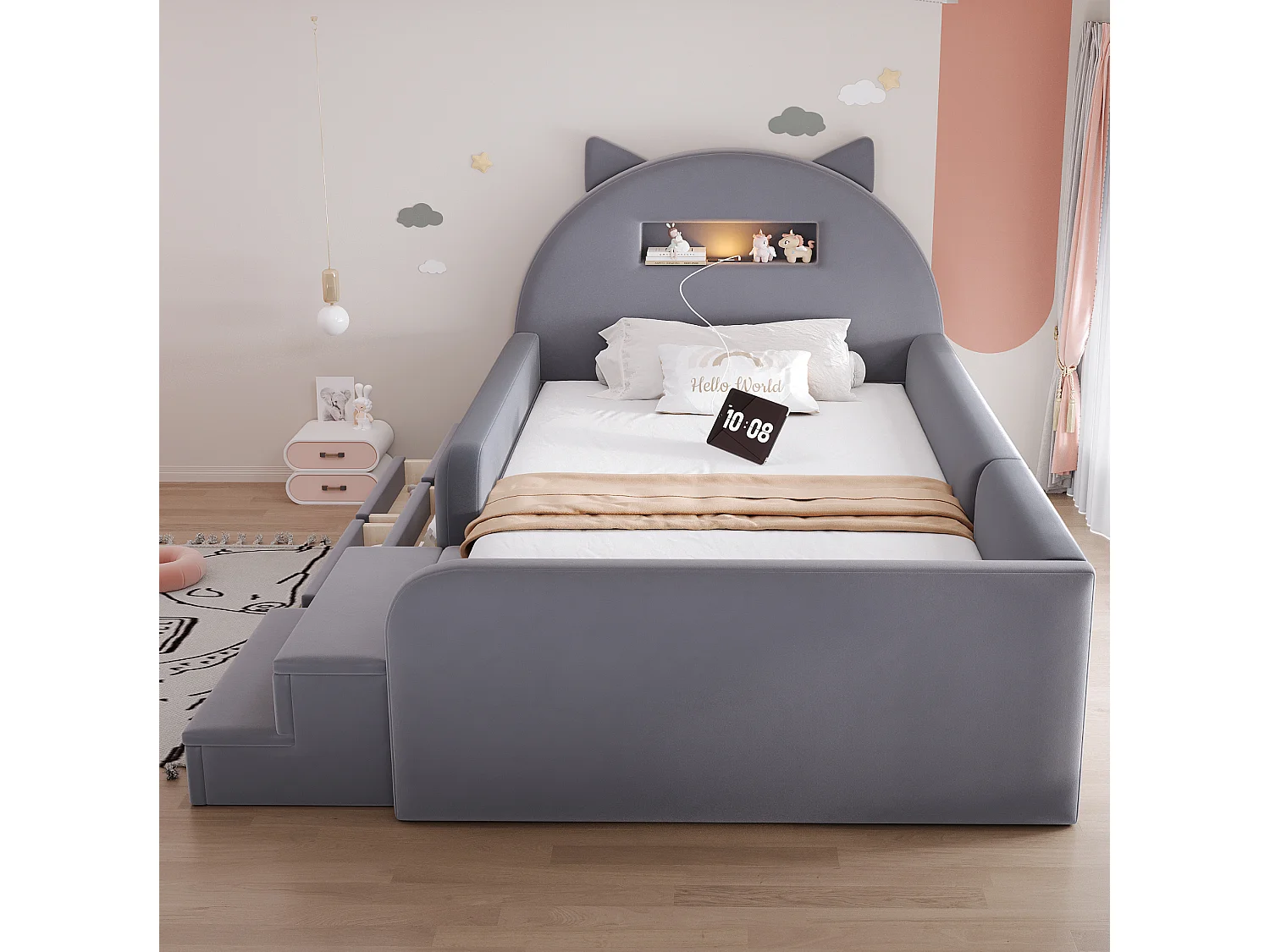 Lit enfant 90x200 cm en velours avec 4 tiroirs, LED et USB - Gris foncé