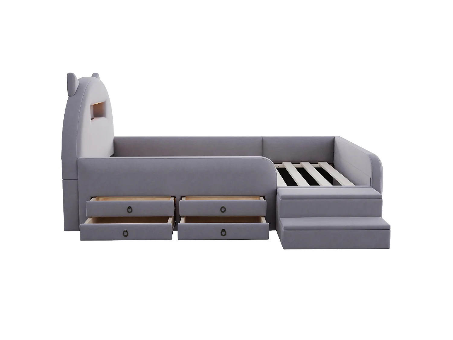 Lit enfant 90x200 cm en velours avec 4 tiroirs, LED et USB - Gris foncé