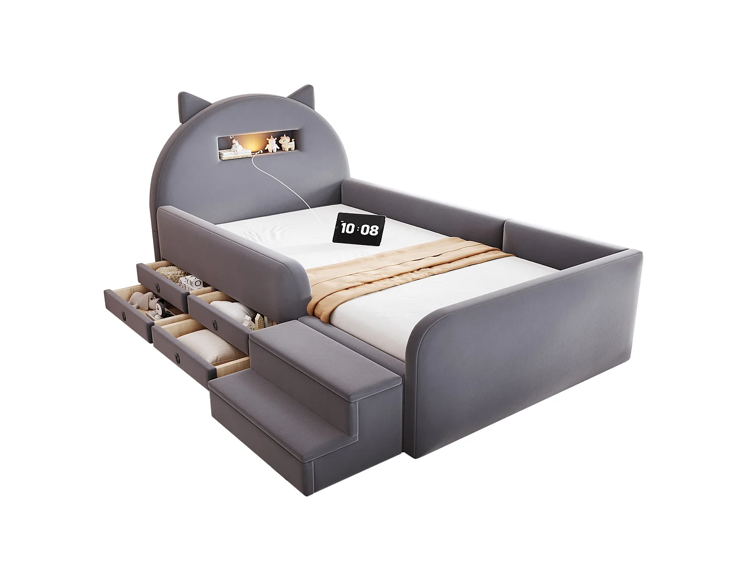 Lit enfant 90x200 cm en velours avec 4 tiroirs, LED et USB - Gris foncé