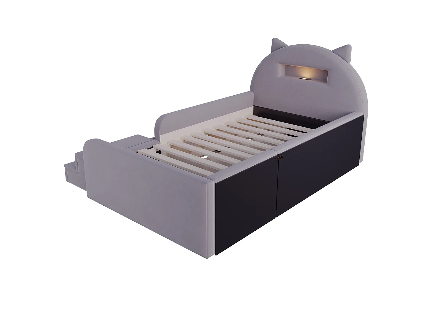 Lit enfant 90x200 cm en velours avec 4 tiroirs, LED et USB - Gris foncé