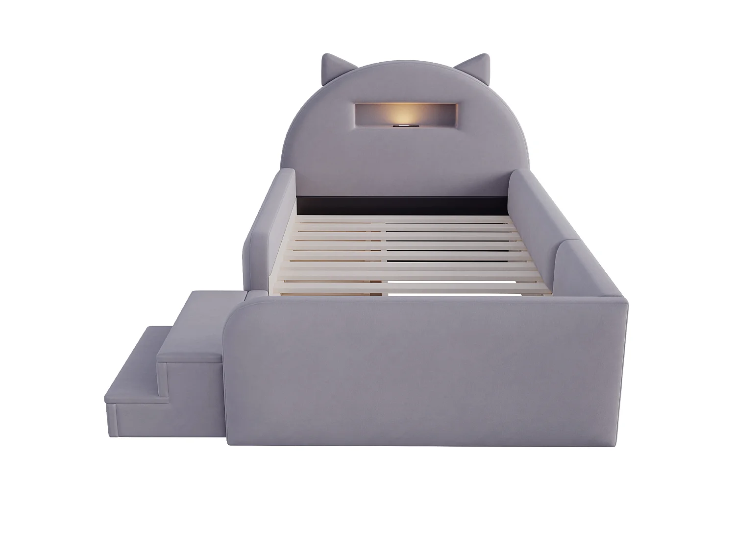 Lit enfant 90x200 cm en velours avec 4 tiroirs, LED et USB - Gris foncé