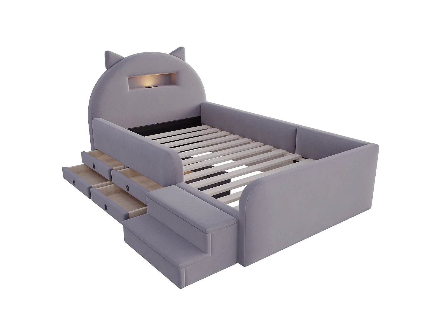Lit enfant 90x200 cm en velours avec 4 tiroirs, LED et USB - Gris foncé