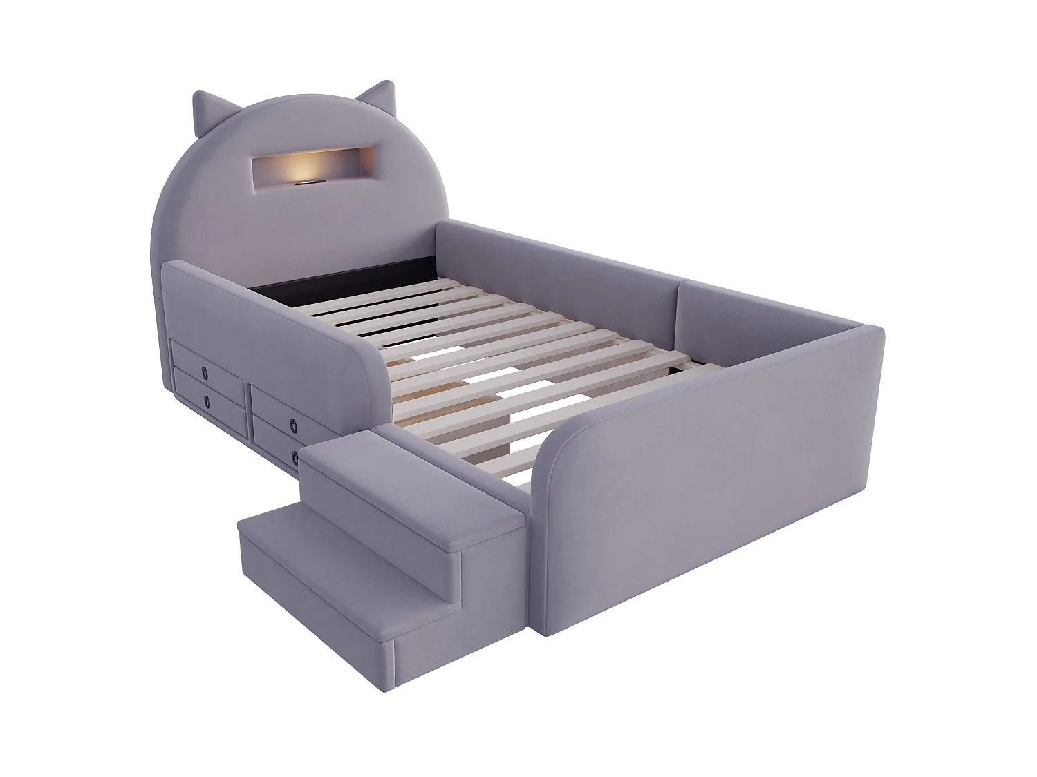 Lit enfant 90x200 cm en velours avec 4 tiroirs, LED et USB - Gris foncé