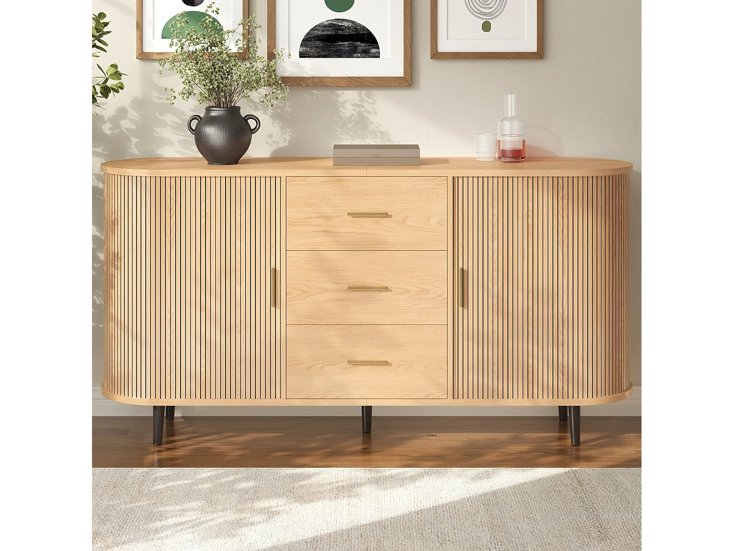 Buffet avec 3 tiroirs et 2 portes coulissantes - Couleur bois