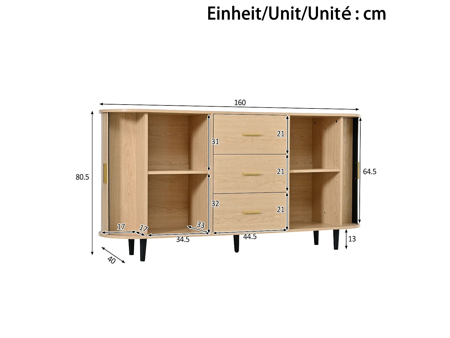 Buffet avec 3 tiroirs et 2 portes coulissantes - Couleur bois