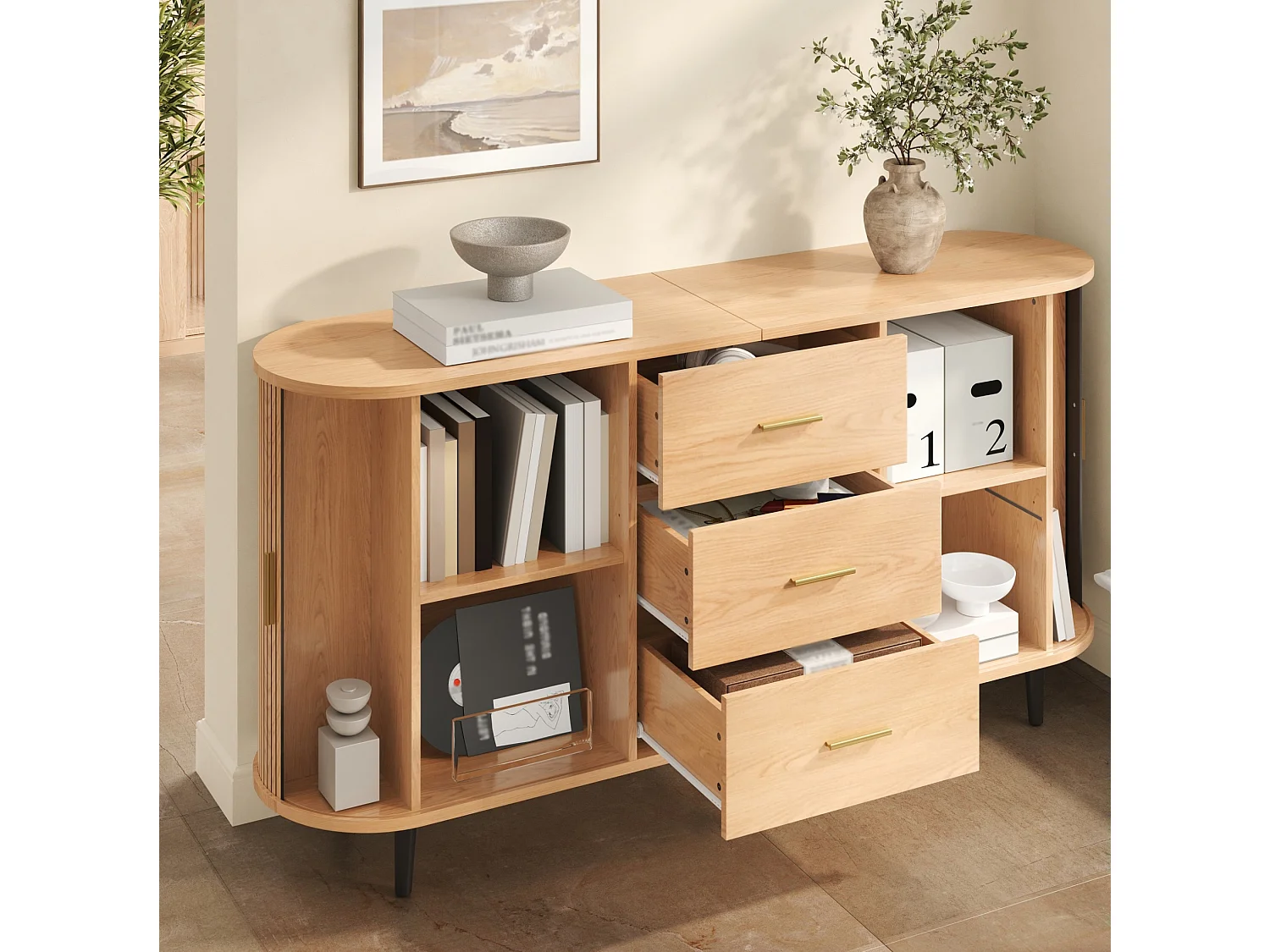 Buffet avec 3 tiroirs et 2 portes coulissantes - Couleur bois