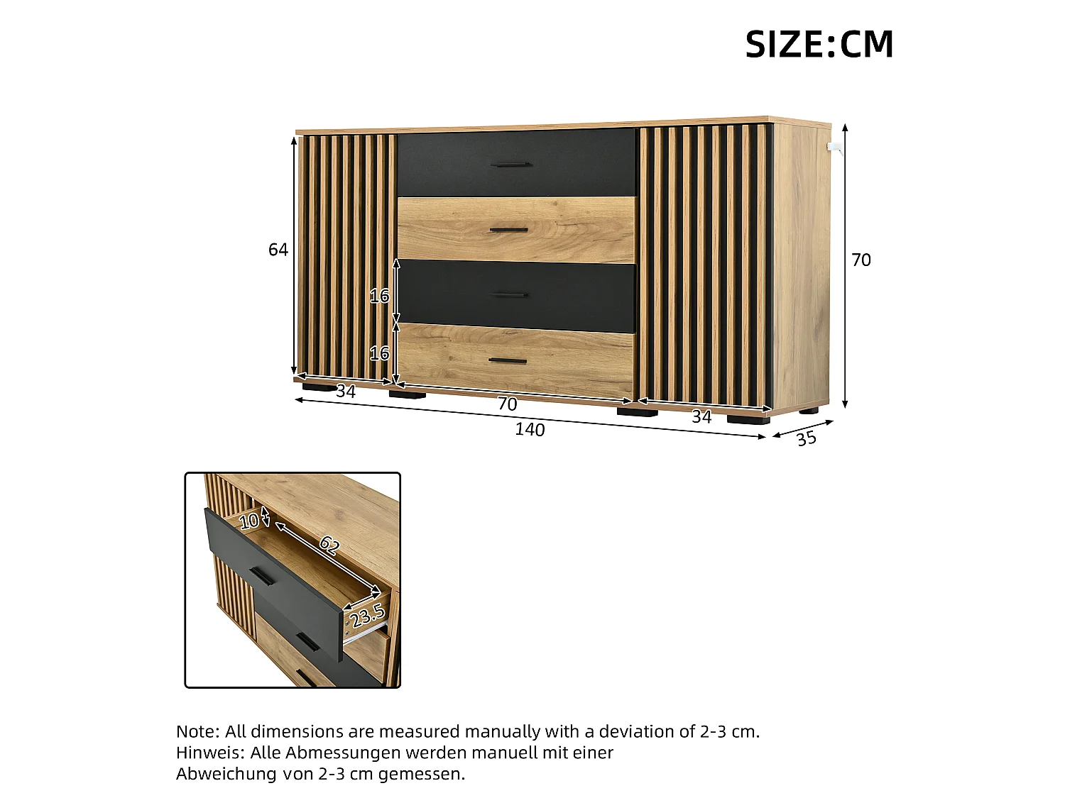 Buffet 140x35x70cm - Meuble de Rangement avec 4 Tiroirs et 2 Portes Rainurées, Design Bois et Noir, Style Moderne - Chêne & Noir