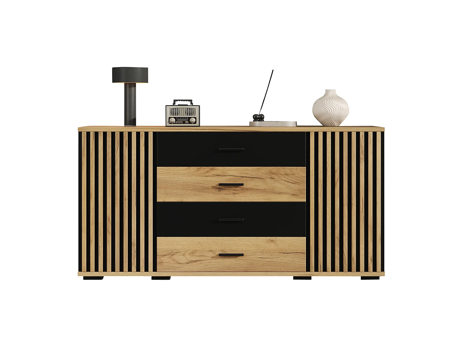 Buffet 140x35x70cm - Meuble de Rangement avec 4 Tiroirs et 2 Portes Rainurées, Design Bois et Noir, Style Moderne - Chêne & Noir