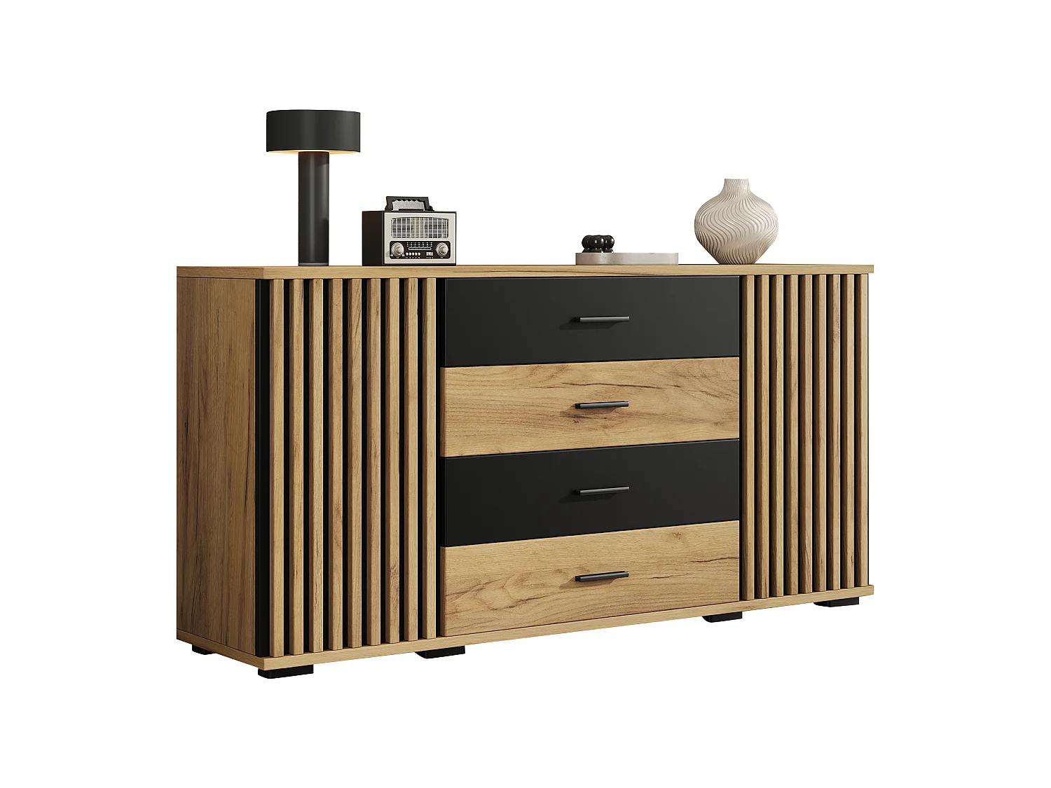 Buffet 140x35x70cm - Meuble de Rangement avec 4 Tiroirs et 2 Portes Rainurées, Design Bois et Noir, Style Moderne - Chêne & Noir
