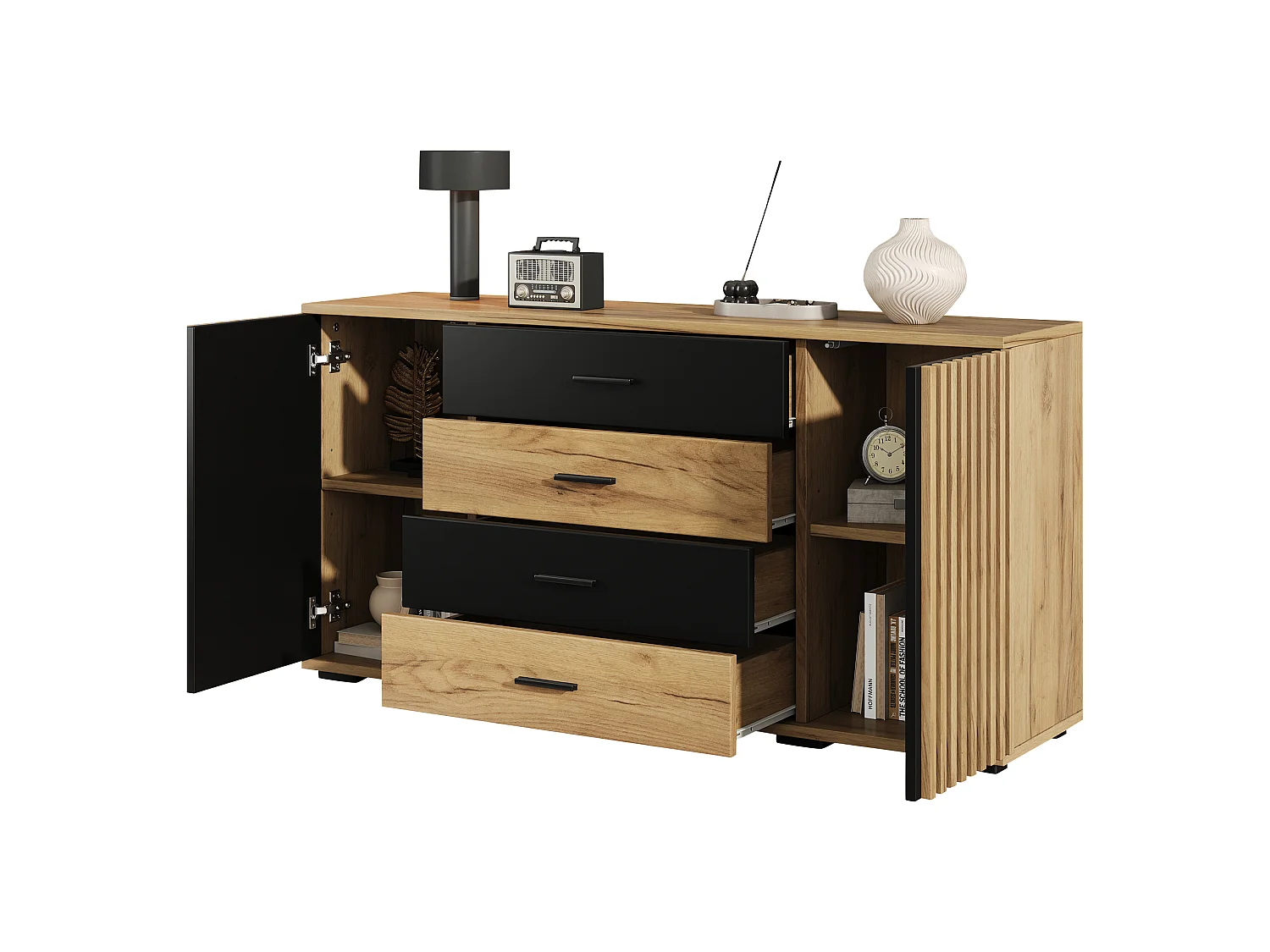 Buffet 140x35x70cm - Meuble de Rangement avec 4 Tiroirs et 2 Portes Rainurées, Design Bois et Noir, Style Moderne - Chêne & Noir