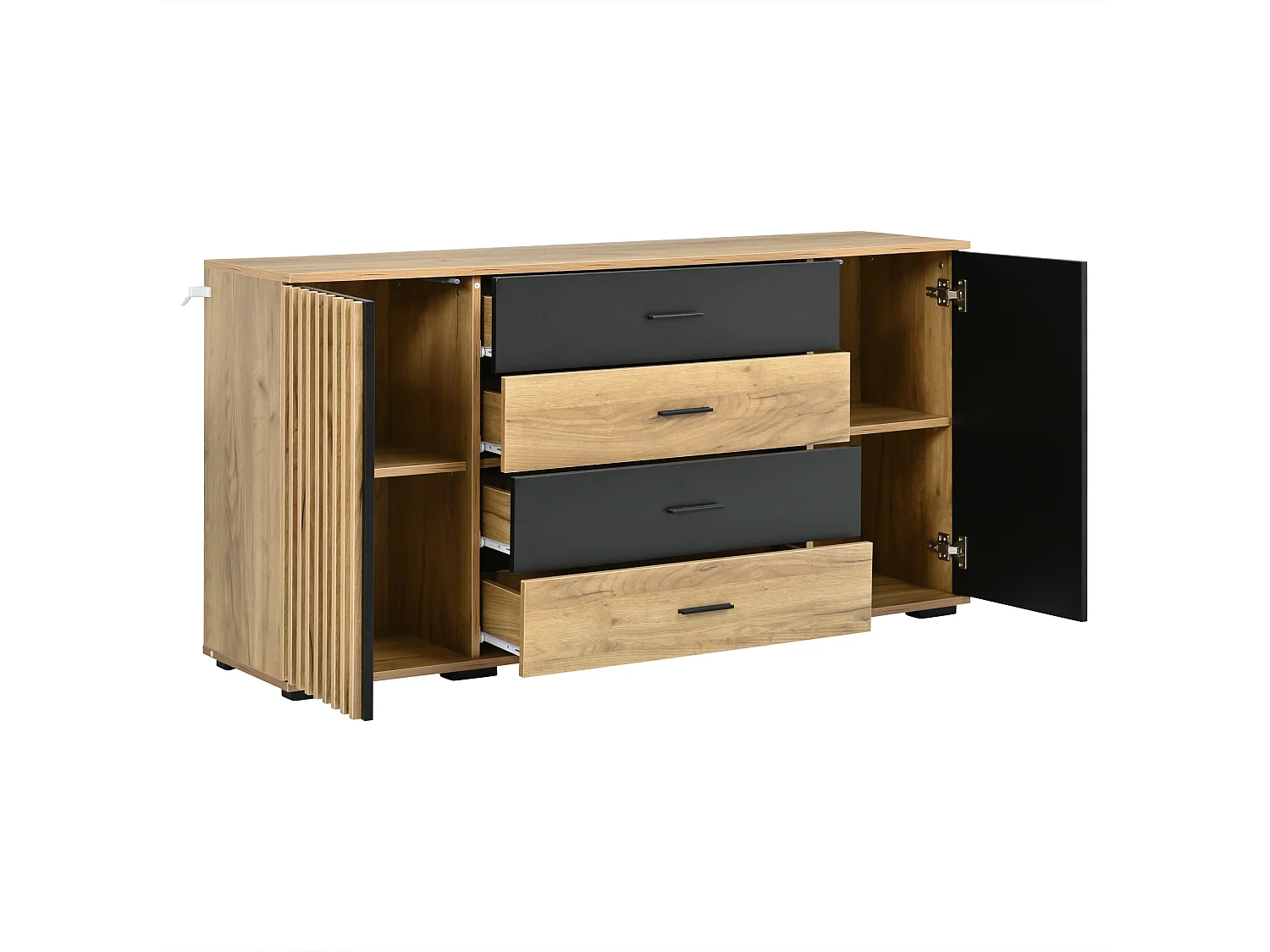 Buffet 140x35x70cm - Meuble de Rangement avec 4 Tiroirs et 2 Portes Rainurées, Design Bois et Noir, Style Moderne - Chêne & Noir