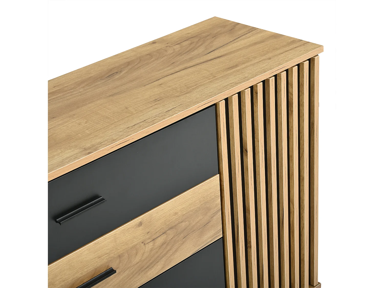 Buffet 140x35x70cm - Meuble de Rangement avec 4 Tiroirs et 2 Portes Rainurées, Design Bois et Noir, Style Moderne - Chêne & Noir