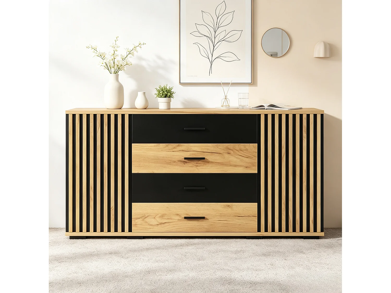 Buffet 140x35x70cm - Meuble de Rangement avec 4 Tiroirs et 2 Portes Rainurées, Design Bois et Noir, Style Moderne - Chêne & Noir