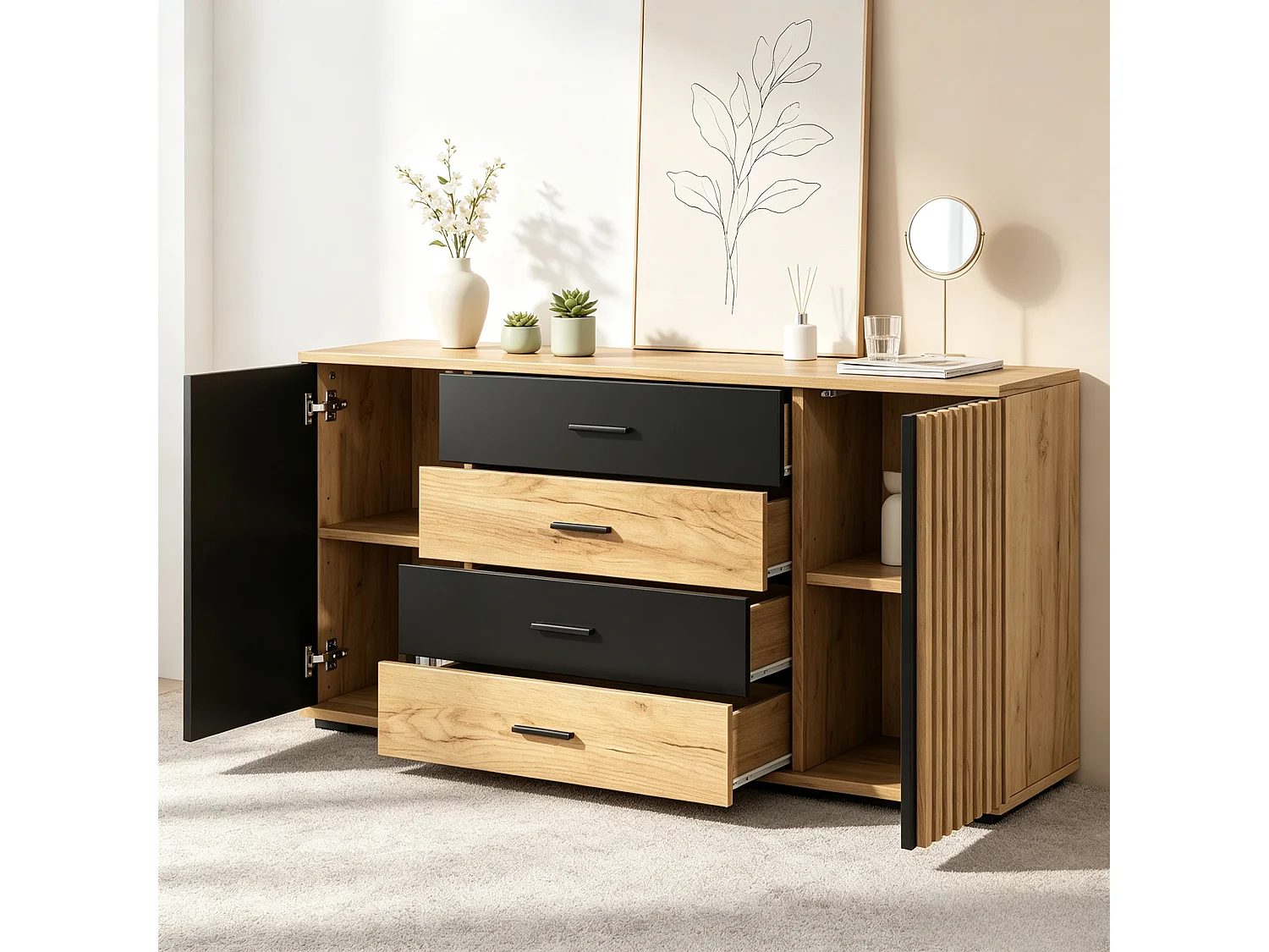 Buffet 140x35x70cm - Meuble de Rangement avec 4 Tiroirs et 2 Portes Rainurées, Design Bois et Noir, Style Moderne - Chêne & Noir