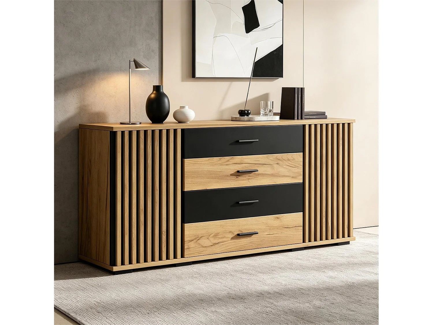 Buffet 140x35x70cm - Meuble de Rangement avec 4 Tiroirs et 2 Portes Rainurées, Design Bois et Noir, Style Moderne - Chêne & Noir