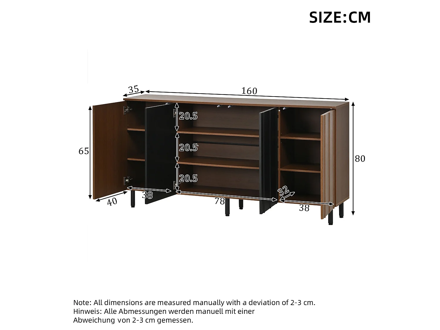 Dressoir met 4 deuren en verstelbare planken - Bruin en zwart 160x35x80 cm