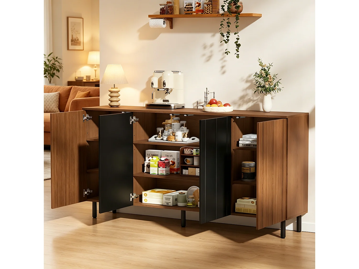 Dressoir met 4 deuren en verstelbare planken - Bruin en zwart 160x35x80 cm