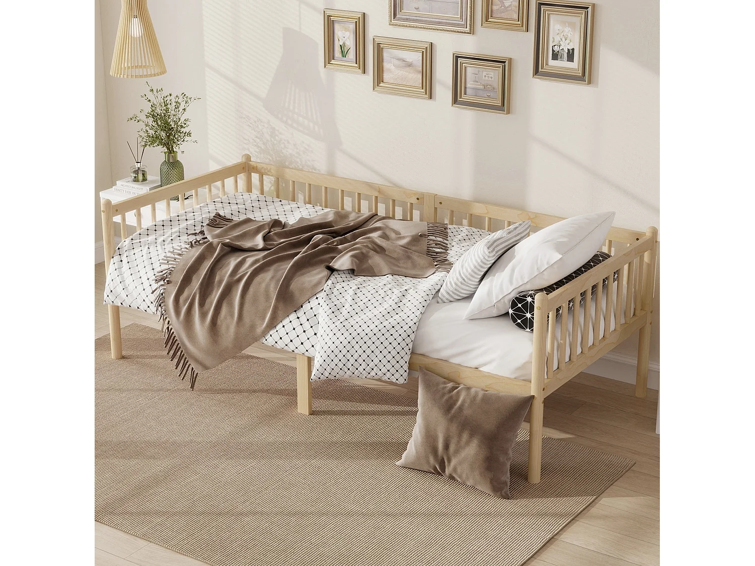 Lit enfant 90x200 cm en pin avec barrières de sécurité sur 3 côtés - Naturel clair