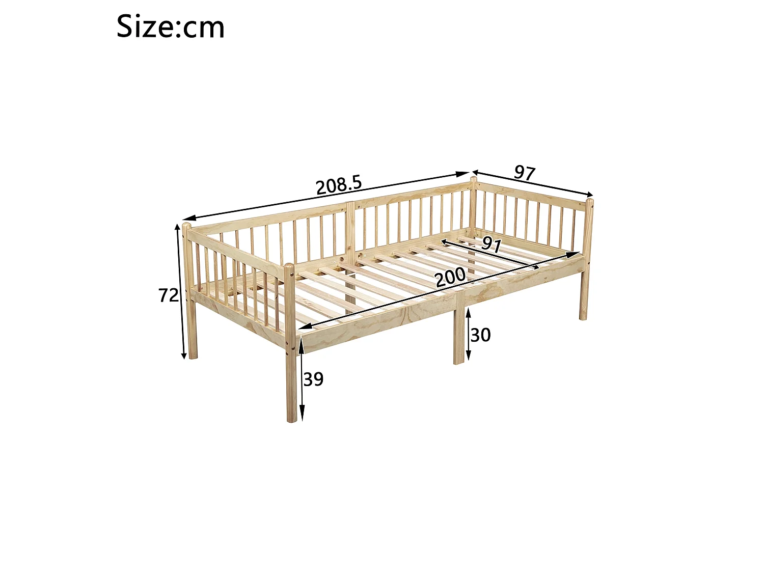 Lit enfant 90x200 cm en pin avec barrières de sécurité sur 3 côtés - Naturel clair