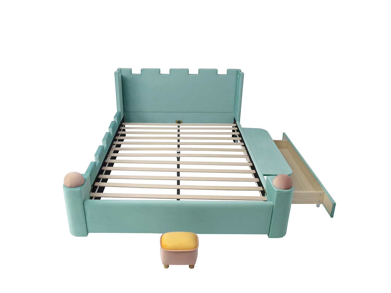 Lit enfant / adulte 140x200 cm avec tiroir et étagère rabattable - Velours bleu-vert