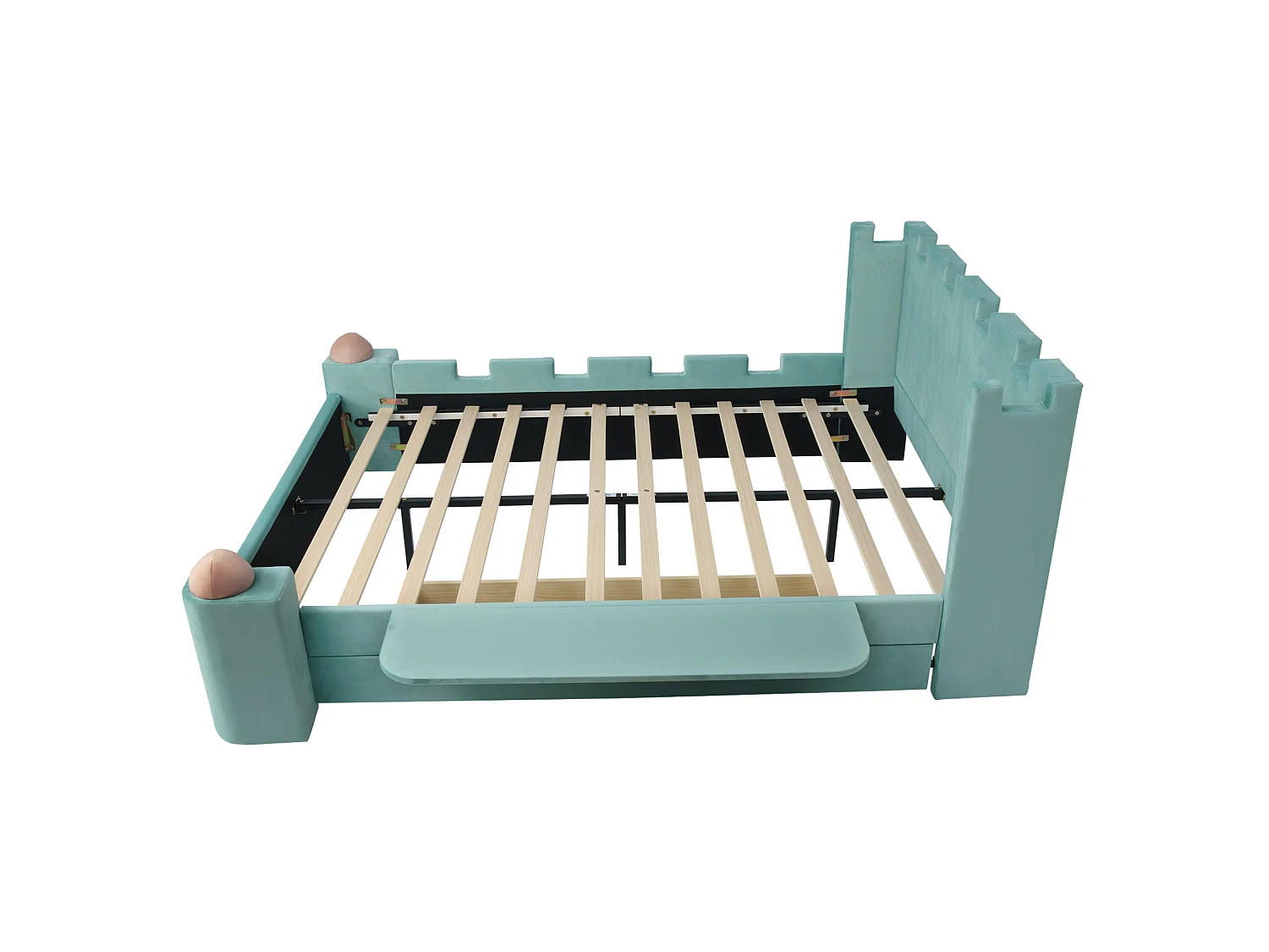 Lit enfant / adulte 140x200 cm avec tiroir et étagère rabattable - Velours bleu-vert