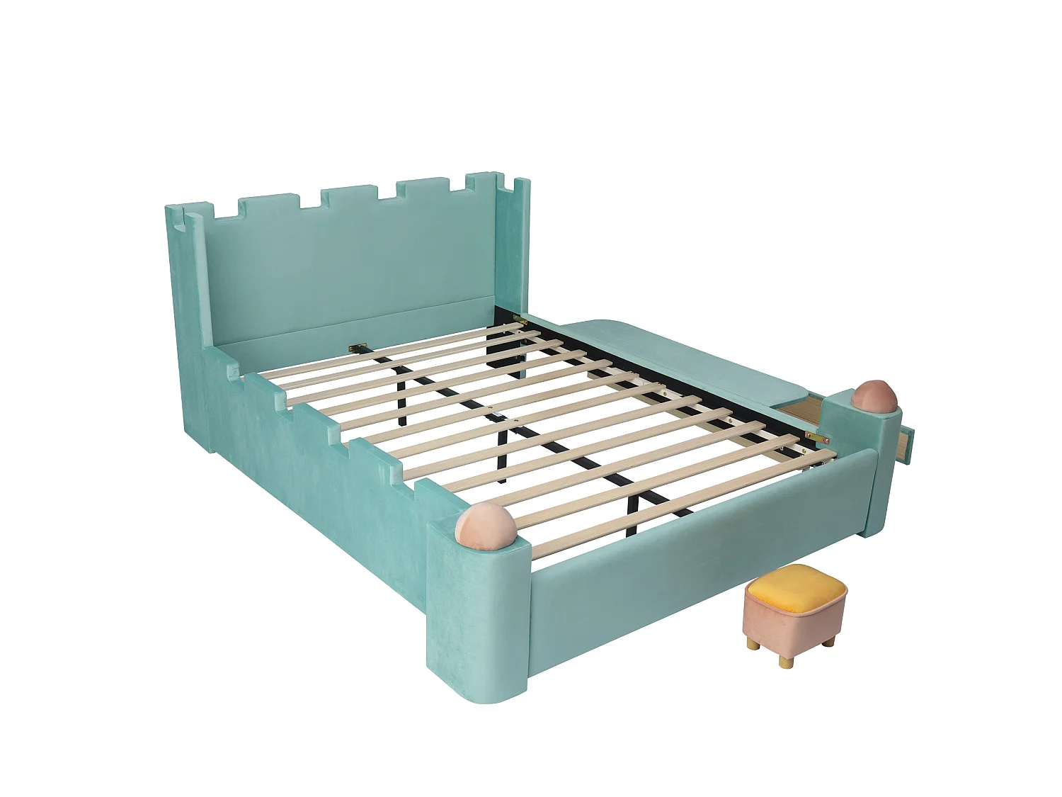Lit enfant / adulte 140x200 cm avec tiroir et étagère rabattable - Velours bleu-vert