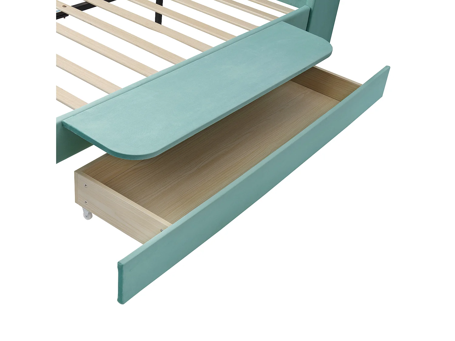 Lit enfant / adulte 140x200 cm avec tiroir et étagère rabattable - Velours bleu-vert