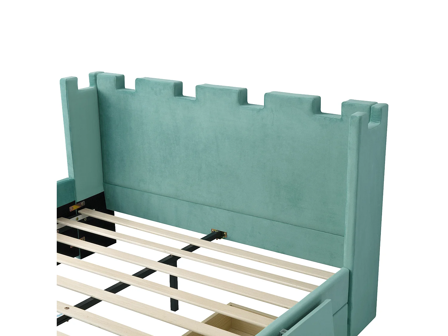 Lit enfant / adulte 140x200 cm avec tiroir et étagère rabattable - Velours bleu-vert