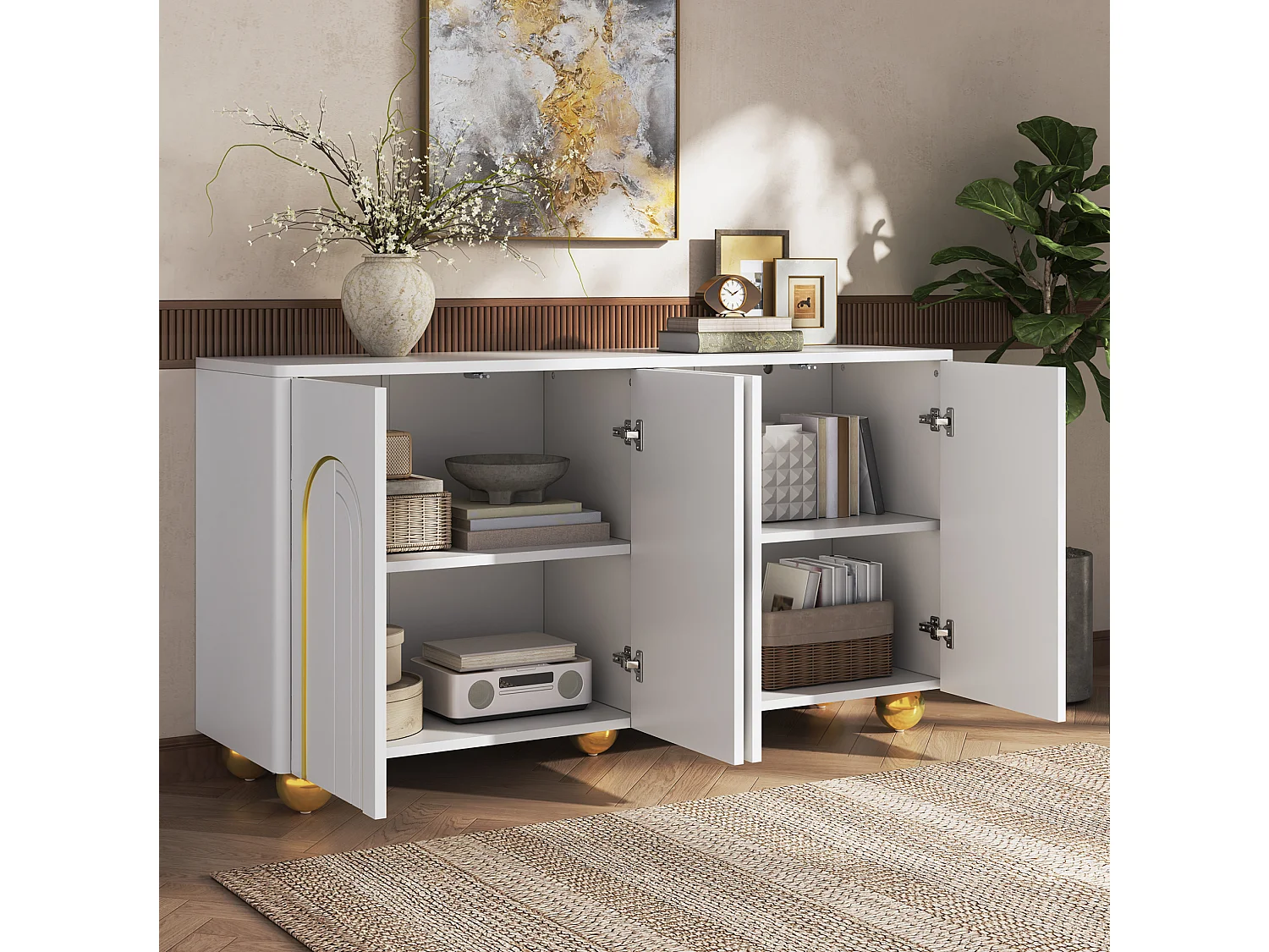 Dressoir 140x40x74 cm met 4 deuren en gouden metalen poten - Wit